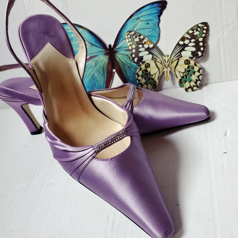 Lavender Caparros Gem Stone Pointy Satin Heels